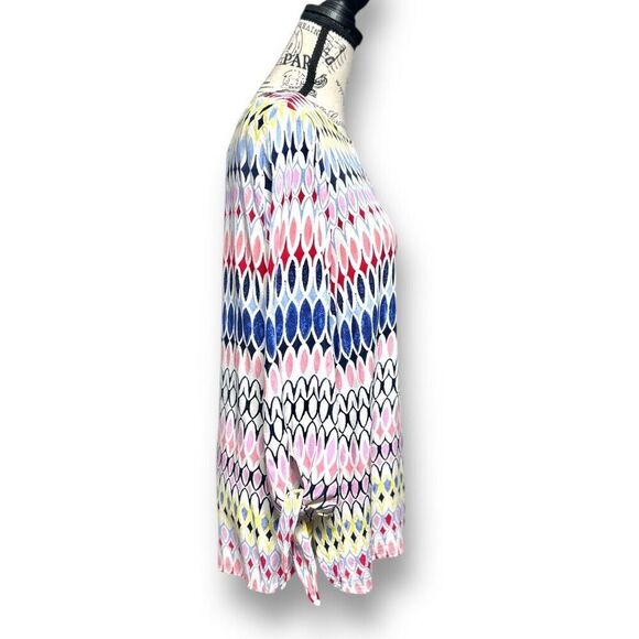 Talbots PL Blue White Pink Geometric Blouse Tie Sleeve Retro Mod Summer Top - Picture 3 of 8